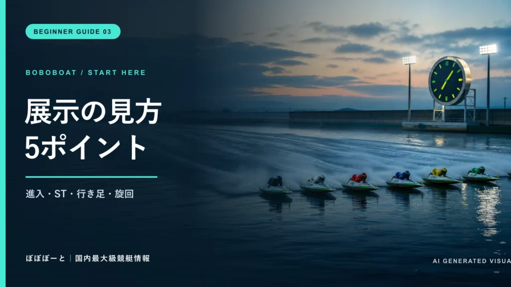 大時計と展示航走する6艇を描いたスタート展示・周回展示解説サムネイル