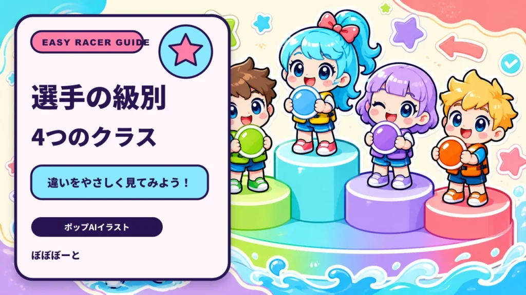 選手の級別をぼぼぼーくんたちが案内するポップなAIイラスト