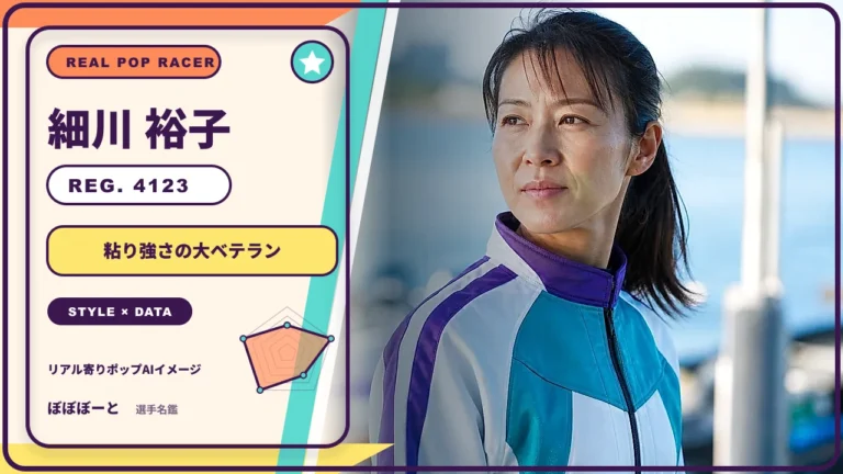 細川 裕子選手の特徴をテーマにしたリアル寄りポップAI編集イメージとレーダーチャート 登録番号4123