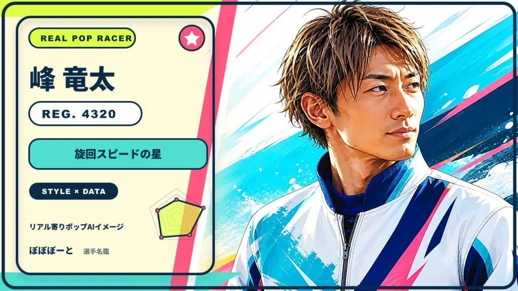 峰 竜太選手の特徴をテーマにしたリアル寄りポップAI編集イメージとレーダーチャート 登録番号4320