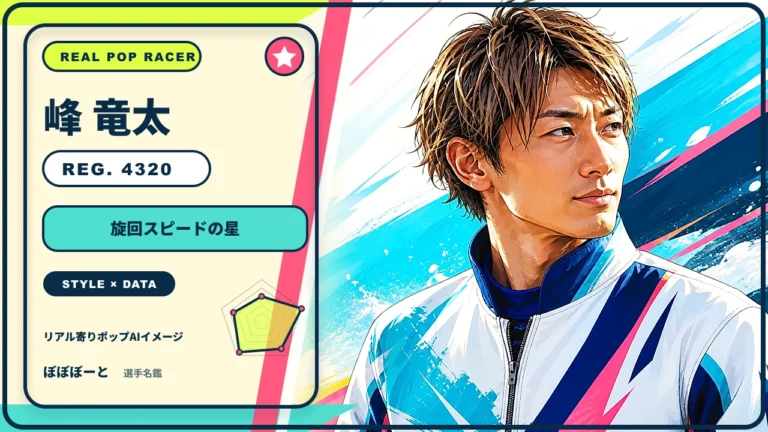 峰 竜太選手の特徴をテーマにしたリアル寄りポップAI編集イメージとレーダーチャート 登録番号4320