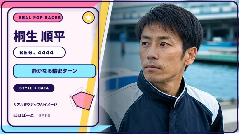 桐生 順平選手の特徴をテーマにしたリアル寄りポップAI編集イメージとレーダーチャート 登録番号4444