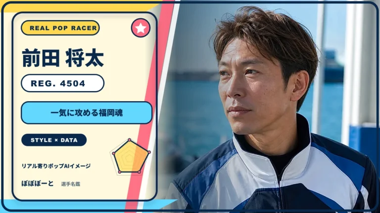 前田 将太選手の特徴をテーマにしたリアル寄りポップAI編集イメージとレーダーチャート 登録番号4504