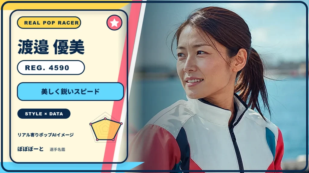 渡邉 優美選手の特徴をテーマにしたリアル寄りポップAI編集イメージとレーダーチャート 登録番号4590