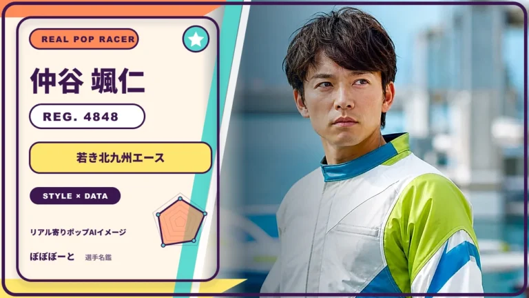 仲谷 颯仁選手の特徴をテーマにしたリアル寄りポップAI編集イメージとレーダーチャート 登録番号4848