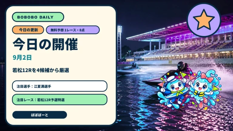 9月2日のボートレース開催情報。若松12Rを4候補から選び、江夏満選手に注目するぼぼぼーとの日替わり画像