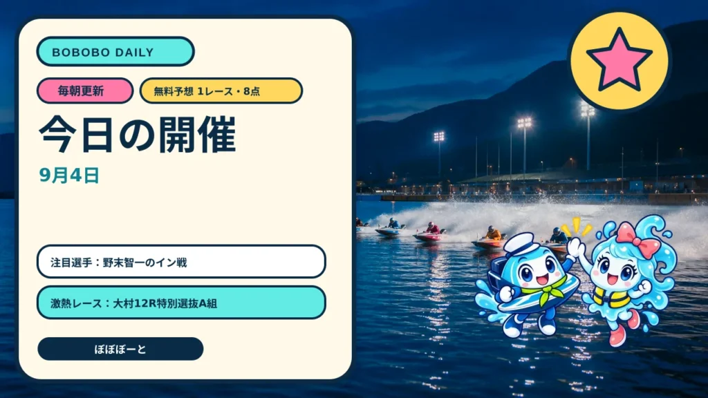 ボートレース開催一覧と大村12R無料予想8点をぼぼぼーくんが案内する日替わりAI生成サムネイル